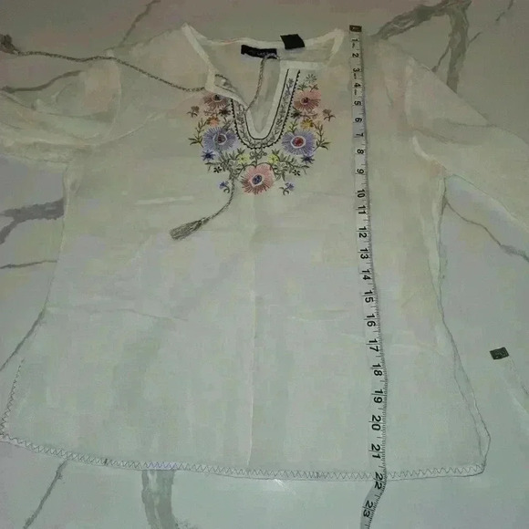Embroidered Boho Floral V Neck Long Sleeve Peasant Blouse Cream Size Medium - Picture 6 of 10